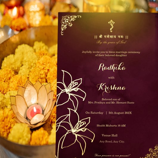 インドのヒンズー教の花柄+ガネーシャの結婚式 箔招待状