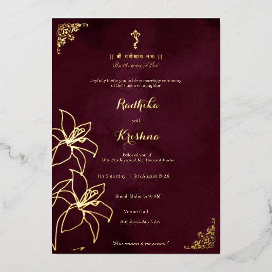 インドのヒンズー教の花柄+ガネーシャの結婚式 箔招待状 (正面)