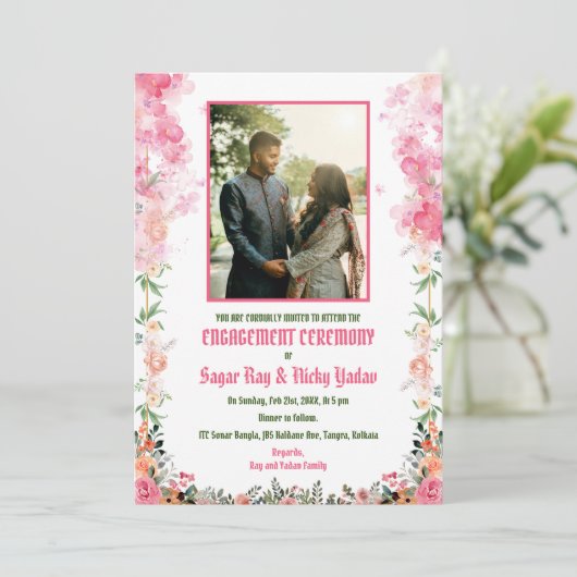 インドのヒンズー教婚約式でのカップル写真 招待状 (スタンド正面)