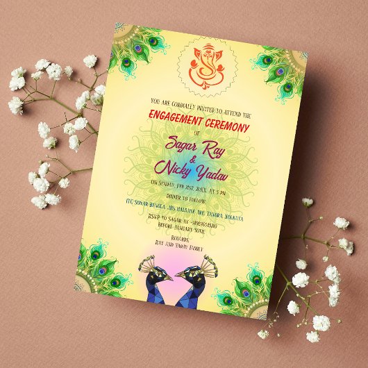 インドのヒンズー教婚約式 ペアの孔雀 招待状