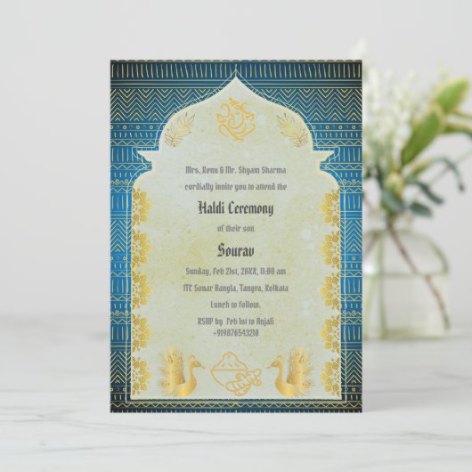 インドのヒンズー教徒の花婿のハルディ式でのガネーシャ 招待状 (スタンド正面)