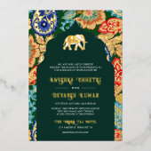 インドのフォークアート・エレファント・ウェディング・エメラルド・ゴールド 箔招待状 (正面)