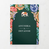インドのフォークアート・エレファント・エメラルドグリーン・ウェディング 三つ折り招待状 (カバー)