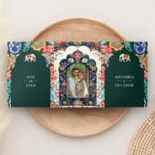 インドのフォークアート・エレファント・エメラルドグリーン・ウェディング 三つ折り招待状