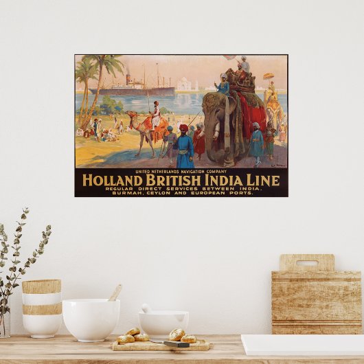 インドのライン、水の上の象の大家 ポスター (キッチン)