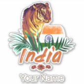 インドのヴィンテージタイガーと国旗のレトロロータス土産 シール (正面)