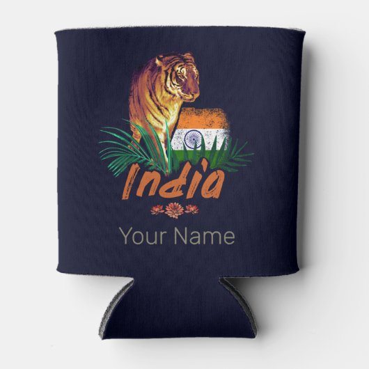 インドのヴィンテージタイガーと国旗のレトロロータス土産 缶クーラー (正面)