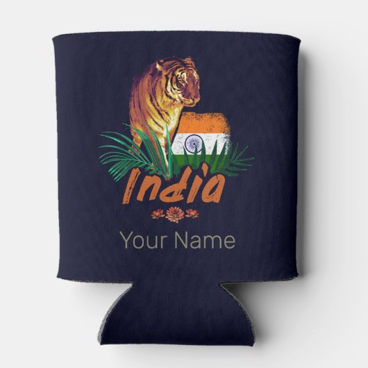 インドのヴィンテージタイガーと国旗のレトロロータス土産 缶クーラー (裏面)