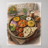 インドの伝統的なターリー料理の色鉛筆画 ポスター (正面)