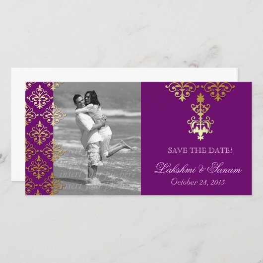 インドの写真カード保存日付のダマスク織の紫色の金ゴールド セーブザデート (正面/裏面)