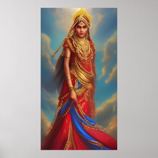 インドの女性 赤 金のドレス 宝石で飾られた ポスター (正面)