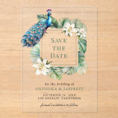 インドの孔雀の花の結婚式のSave the Date アクリル招待状 (正面)