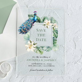 インドの孔雀の花の結婚式のSave the Date アクリル招待状