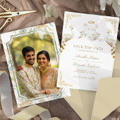インドの王立ホワイト・クジャクの結婚式 ゴールド・クレスト セーブザデート