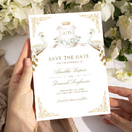 インドの王立ホワイト・クジャクの結婚式 ゴールド・クレスト セーブザデート