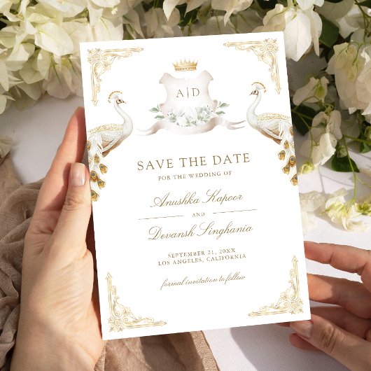 インドの王立ホワイト・クジャクの結婚式 ゴールド・クレスト セーブザデート