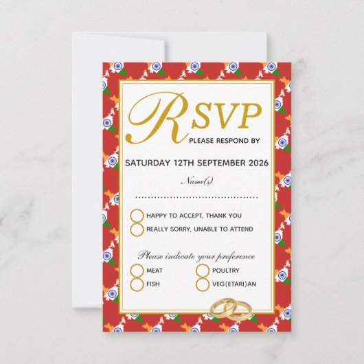 インドの結婚お祝いRSVP RED応答カード 出欠カード (正面)