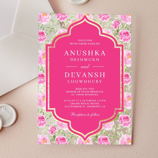 インドの結婚式にぴったりなラニピンクの花柄 アクリル招待状