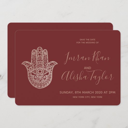 インドの結婚式のお知らせ ローズゴールドのハムサとヘンナ セーブザデート (正面/裏面)