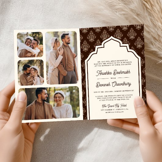 インドの結婚式のクリームブラウンイカットフォトコラージュ 招待状