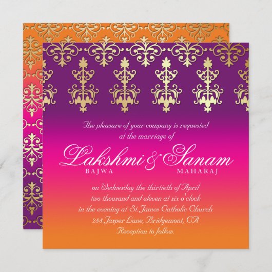 インドの結婚式の招待のダマスク織のピンクの紫色のオレンジ 招待状 (正面/裏面)