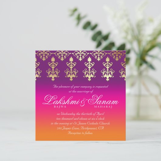 インドの結婚式の招待のダマスク織のピンクの紫色のオレンジ 招待状 (スタンド正面)