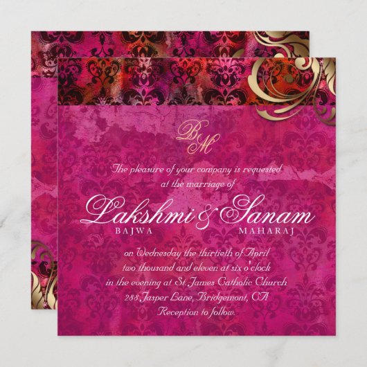 インドの結婚式の招待のダマスク織の金ゴールドのピンクの赤 招待状 (正面/裏面)