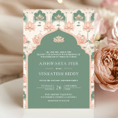 インドの結婚式の蓮の池の淡いピンクとグリーン 招待状