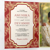インドの結婚式の赤いゴールドレースQRコード写真 三つ折り招待状 (内部最初)
