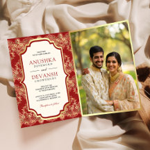 インドの結婚式の赤いゴールドレースQRコード写真