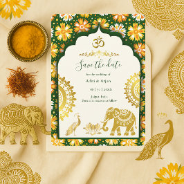 インドの結婚式のSave the Date - エメラルド アイボリー ゴールド 招待状