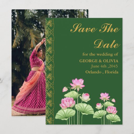 インドの結婚式グリーンロータスフラワーSave the Date (正面/裏面)