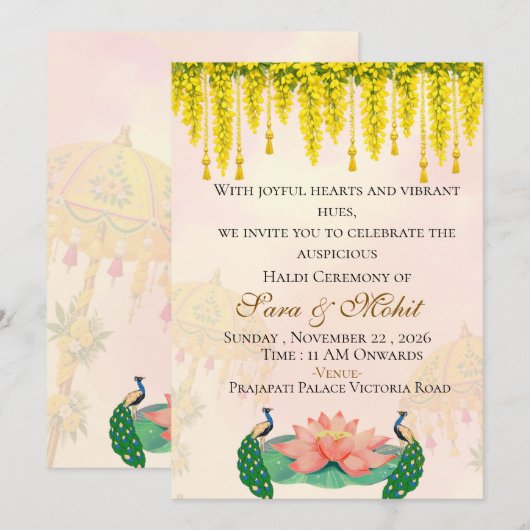インドの結婚式ハルディ式の招待状(編集可能) 招待状 (正面/裏面)