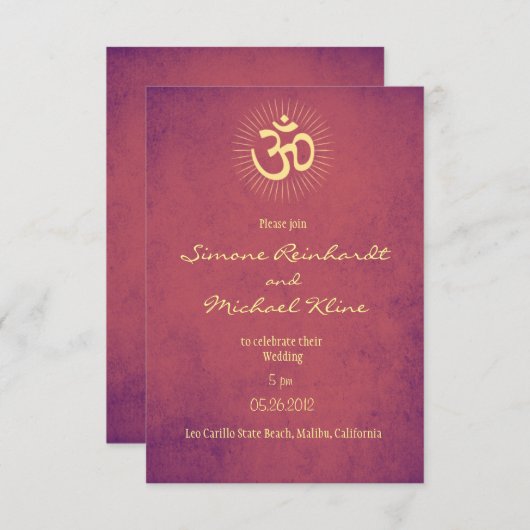 インドの結婚式招待状、OMの記号、紫色、金ゴールド 招待状 (正面/裏面)