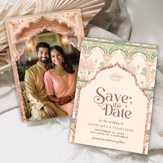 インドの結婚式蓮の庭のピンクとミントグリーンのほのかな赤み セーブザデート