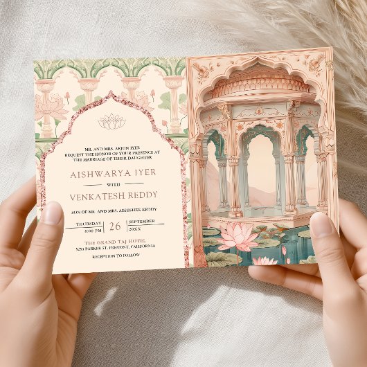 インドの結婚式蓮の庭のピンクとミントグリーンのほのかな赤み 招待状