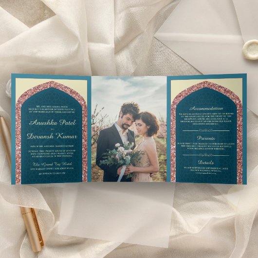 インドの結婚式 オーシャンブルー ローズゴールド ギャザー 三つ折り招待状