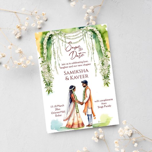 インドの結婚式　ジャスミンの下で結婚式の記念日を保存する　カップル 招待状
