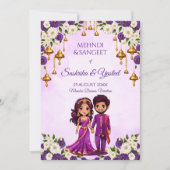 インドの結婚式 メヘンディ パープル かわいい花嫁と新郎 招待状 (正面)