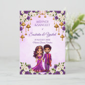 インドの結婚式 メヘンディ パープル かわいい花嫁と新郎 招待状 (スタンド正面)