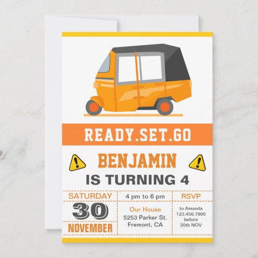 インドの自動人力車のTuk Tukの誕生会 招待状 (正面)