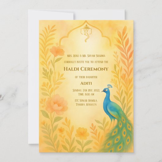 インドの花嫁 ハルディ式 ピーコック フラワー 招待状 (正面)