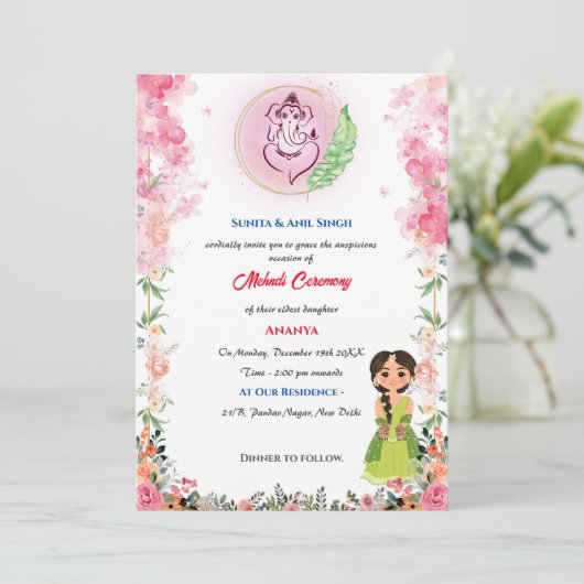 インドの花嫁 メヘンディ式 ガネーシャ フラワーズ 招待状 (スタンド正面)