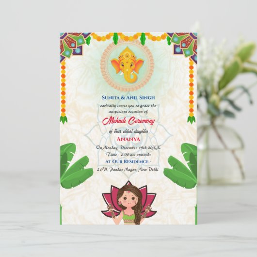 インドの花嫁 メヘンディ セレモニー ガネーシャ バナナの木 招待状 (スタンド正面)
