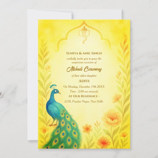 インドの花嫁 メヘンディ セレモニー ペアック フローラル 招待状 (正面)