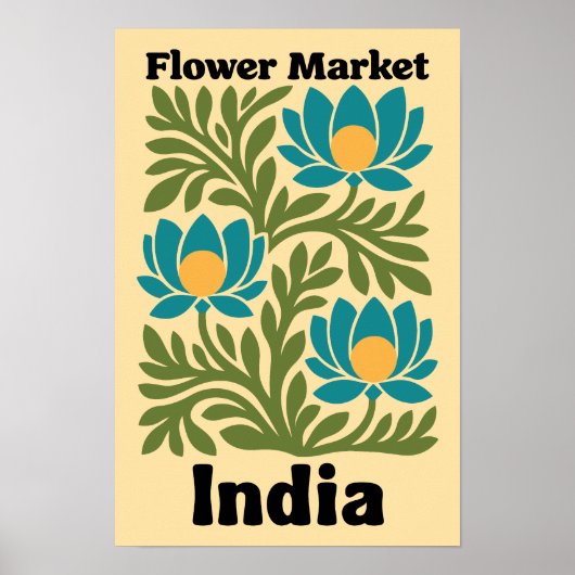 インドの花市場 ターコイズブルーの蓮と植物の葉 ポスター (正面)