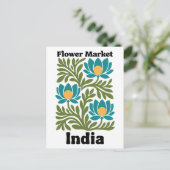 インドの花市場 ティール色の蓮と植物の葉 ポストカード (スタンド正面)