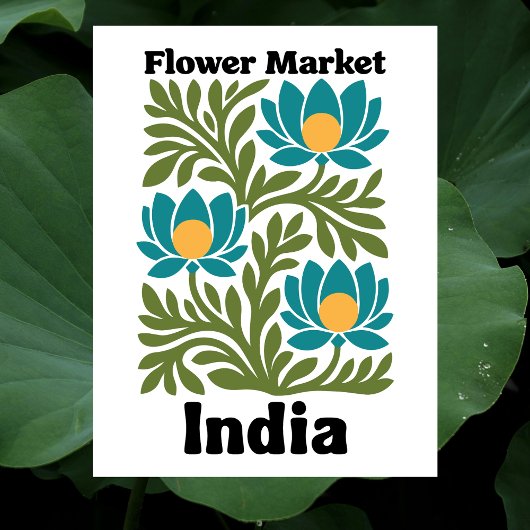 インドの花市場 ティール色の蓮と植物の葉 ポストカード