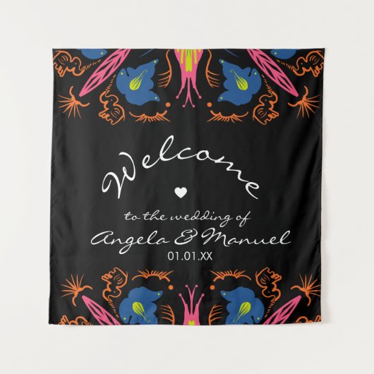 インドの象の花の黒い結婚式 タペストリー (正面)