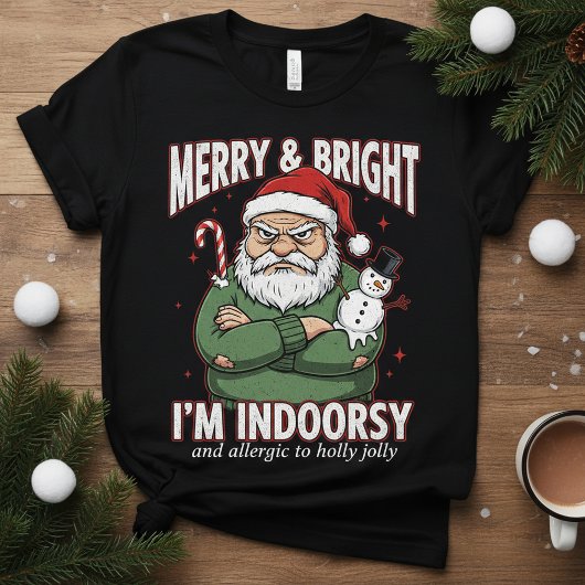 「インドア派"です"」不機嫌なサンタのTシャツ、面白いクリスマス Tシャツ
